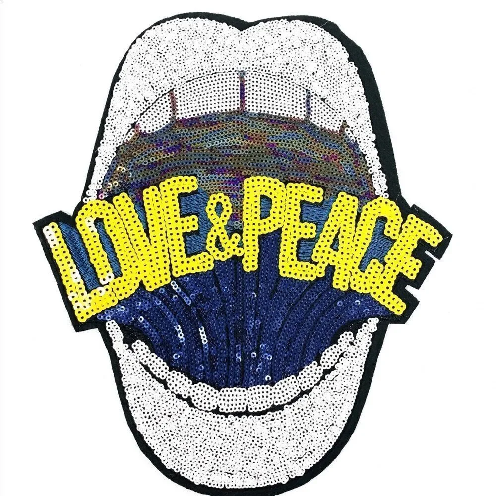Denim Jacket With Sequin Love & Peace Lips Patch